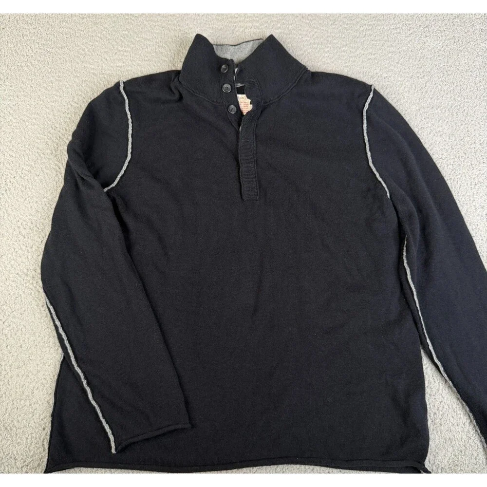 CARBON 2 COBALT Sweater Mens Large Black Cashmere Cotton Blend Mock Neck Henley